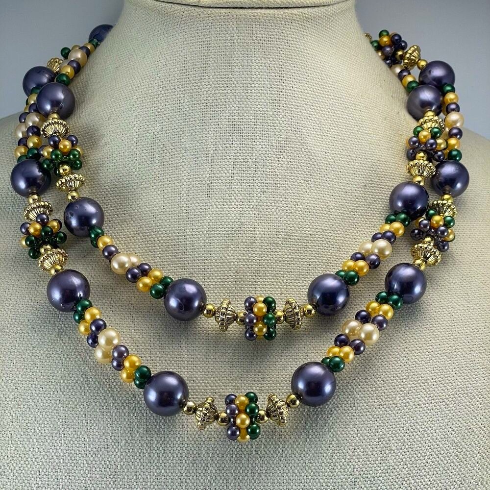 Long Beaded Necklace Acrylic Peal Mardi Gras Colors Statement Bold Fun Bold